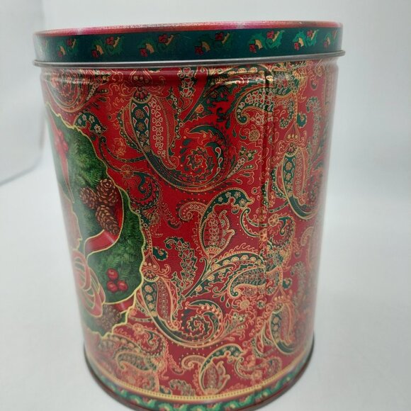 Christmas Tin Red Green Holly Paisley Ribbon Bow Floral Design 7" - Picture 8 of 10